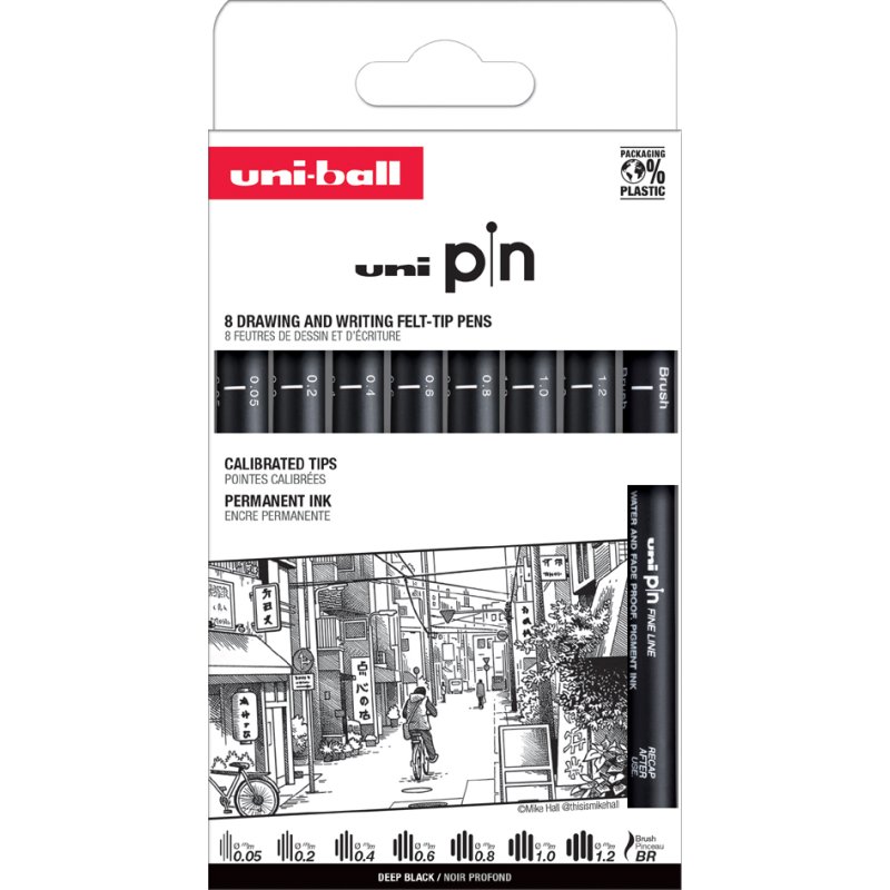uni-ball fijnschrijvers PIN set, waterbestendige inkt, 5 stuks